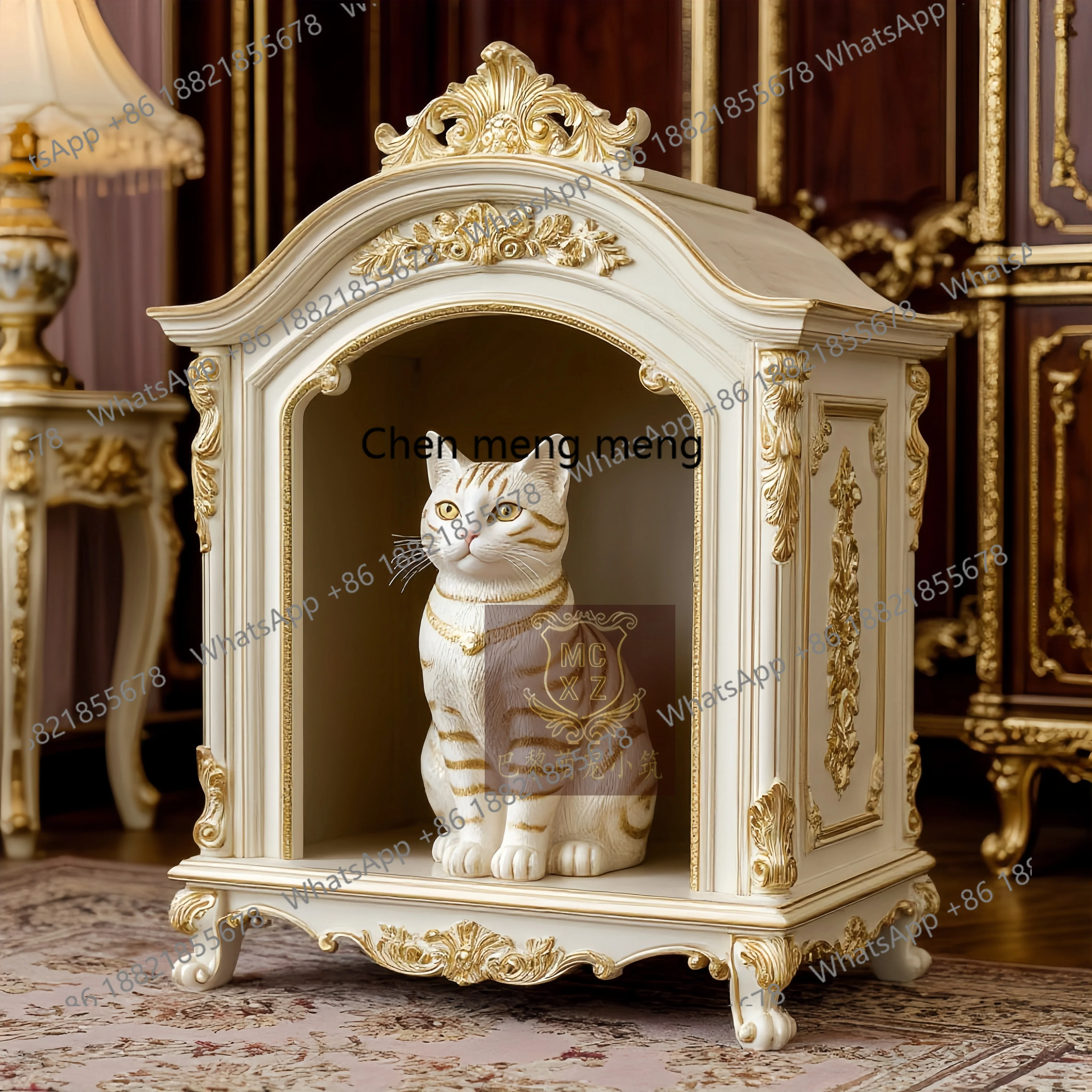 

Европейский кошачий домик из цельного дерева, расписанная из белого золота, домашнее гнездо для домашних животных, роскошная кровать для маленьких собак, кошачья кровать