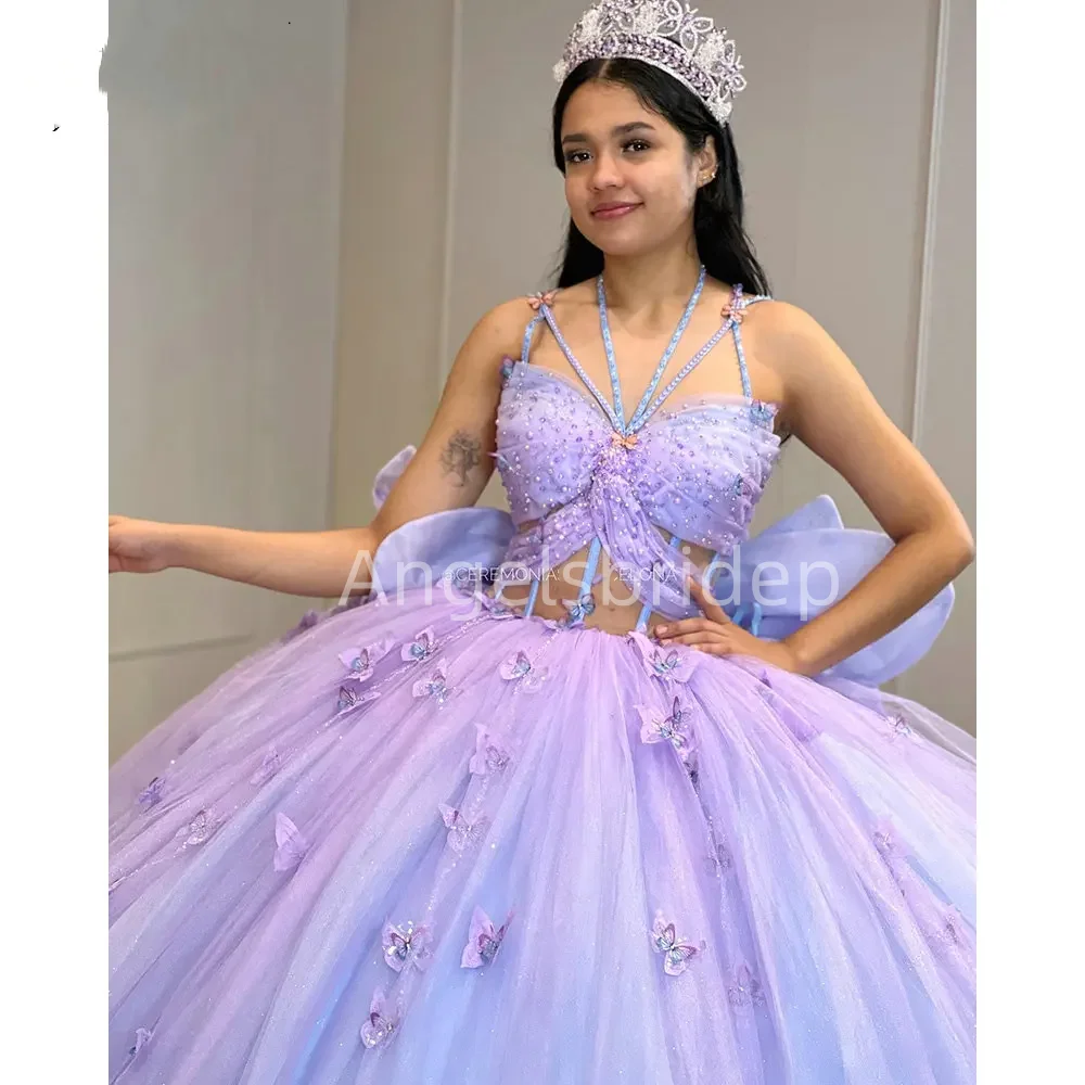 Angelsbride lilla abiti Quinceanera 2025 abiti messicani De 15 Anos spalline per Spaghetti grande fiocco con paillettes festa di compleanno