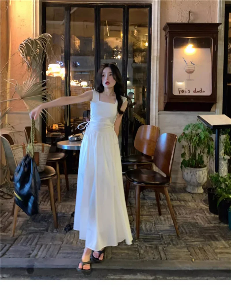 White Camisole Dress For Women In Summer New High-end Fashionable Versatile And Good-looking Drawstring Waist Style Long Dress