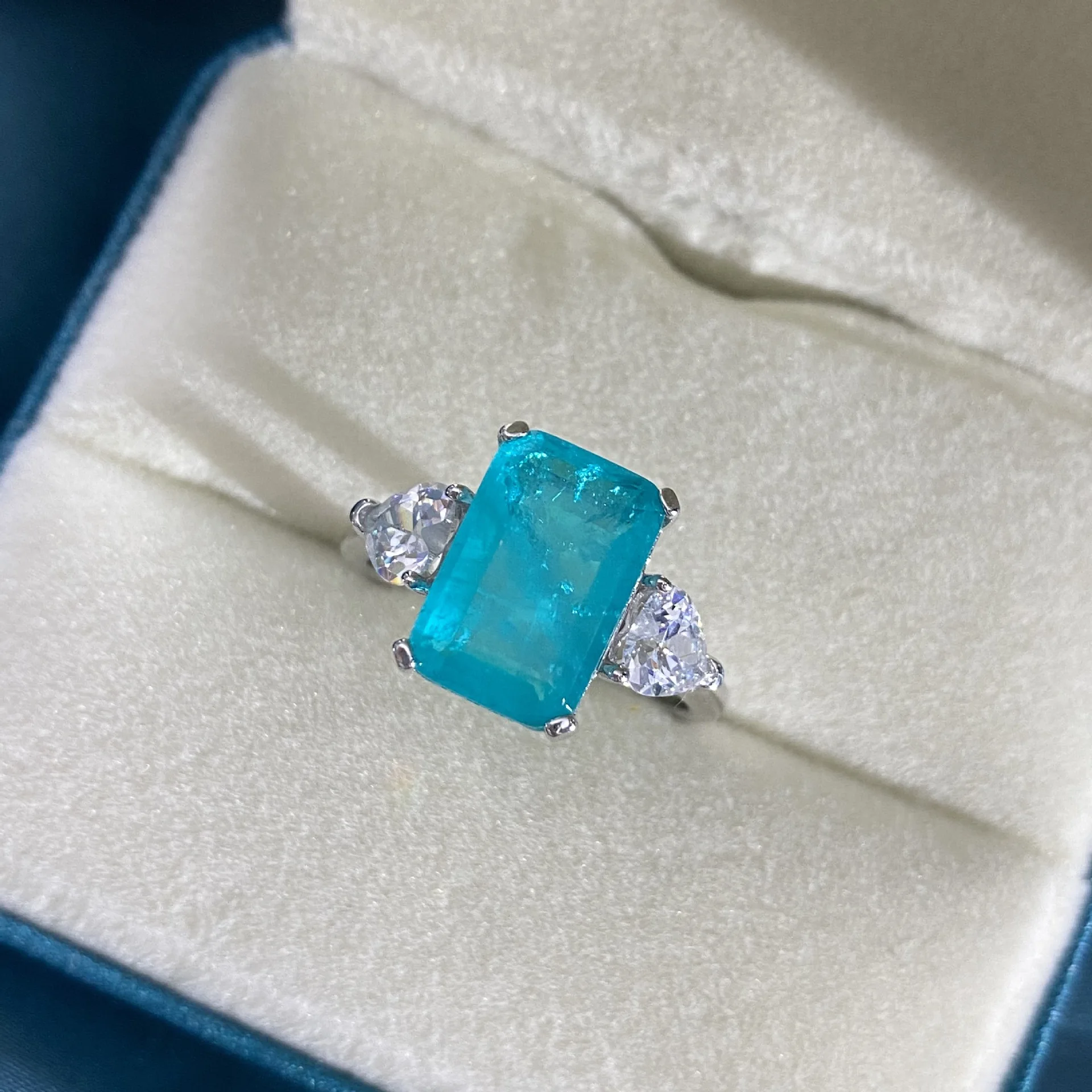 S925 Silver 5-carat Synthetic Paraiba Rectangular 8 * 12 High Carbon Diamond Ring for Women's New Wedding Jewelry