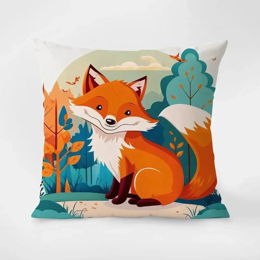 Cartoon Fox Pattern Pillowcase Square Car Sofa Office Cushion Pillowcase