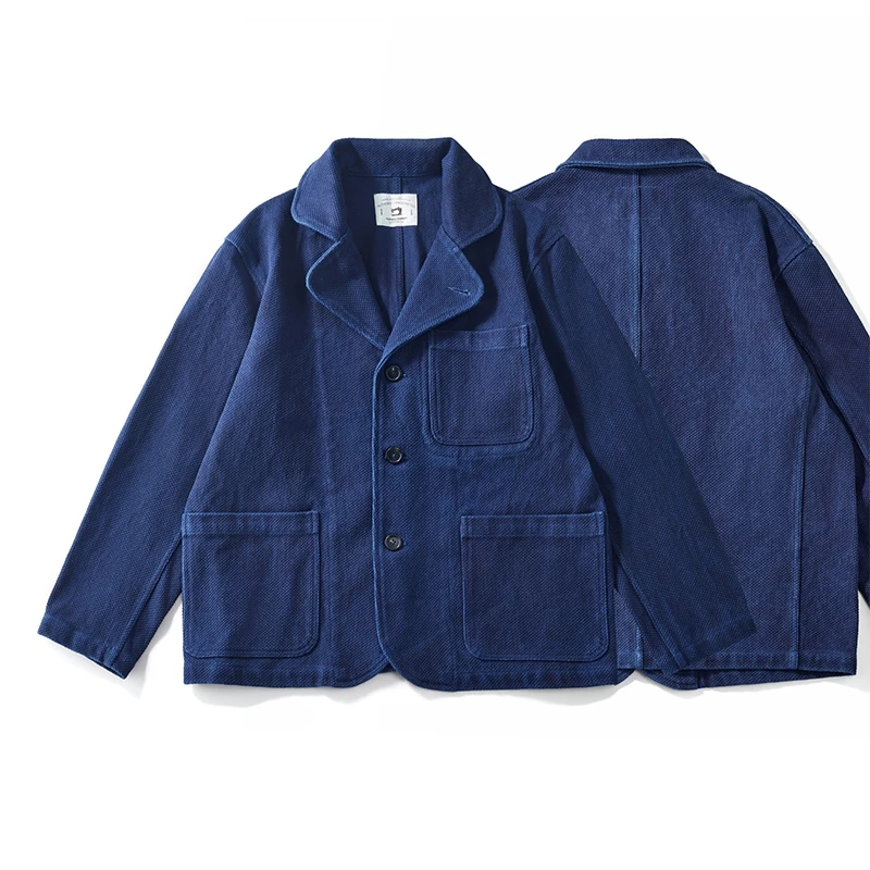 헤비 웨이트 인디고 재킷 남성용 가을 겨울 일본 빈티지 워크웨어 툴링 재킷 블루 염색 켄도 원단 프렌치 코트