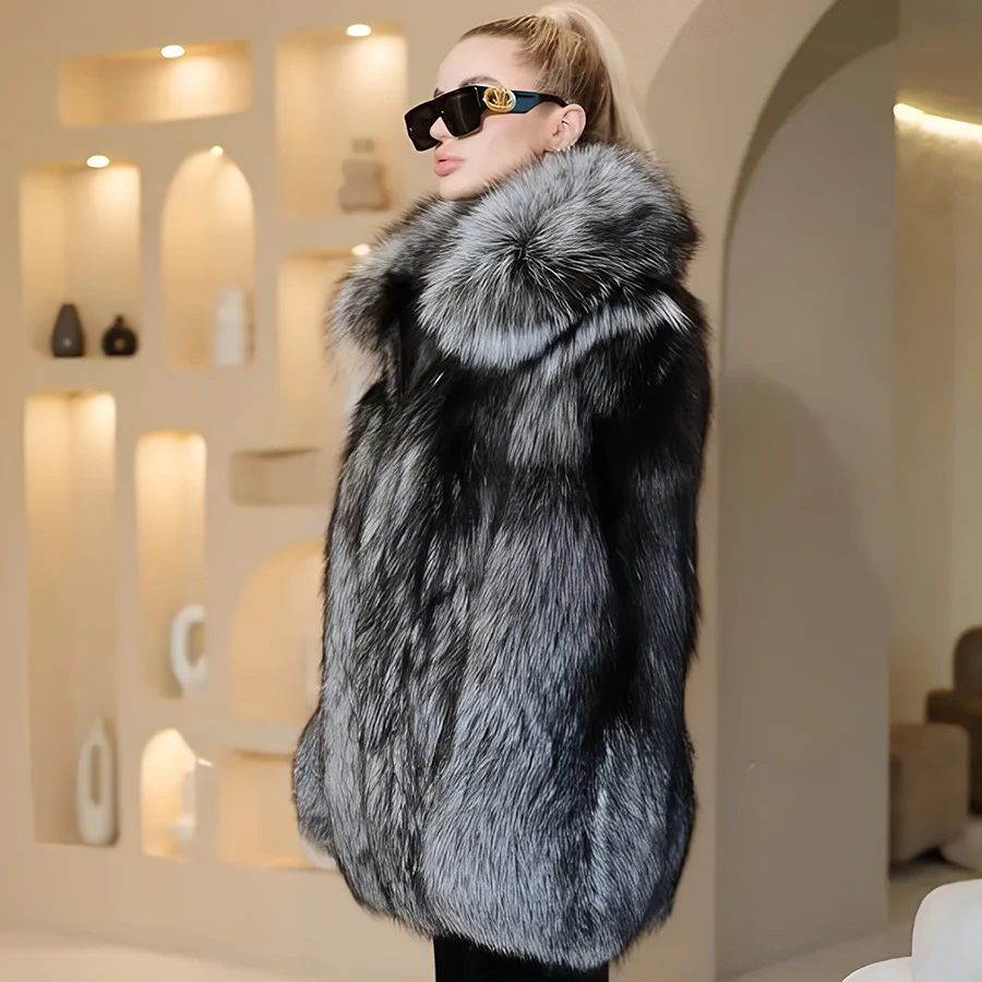 Natural Fox Fur Jacket With Shawl Collar Silver Fox Fur Jackets Women 2024 Winter Warm High Quality Fur Coat Womens