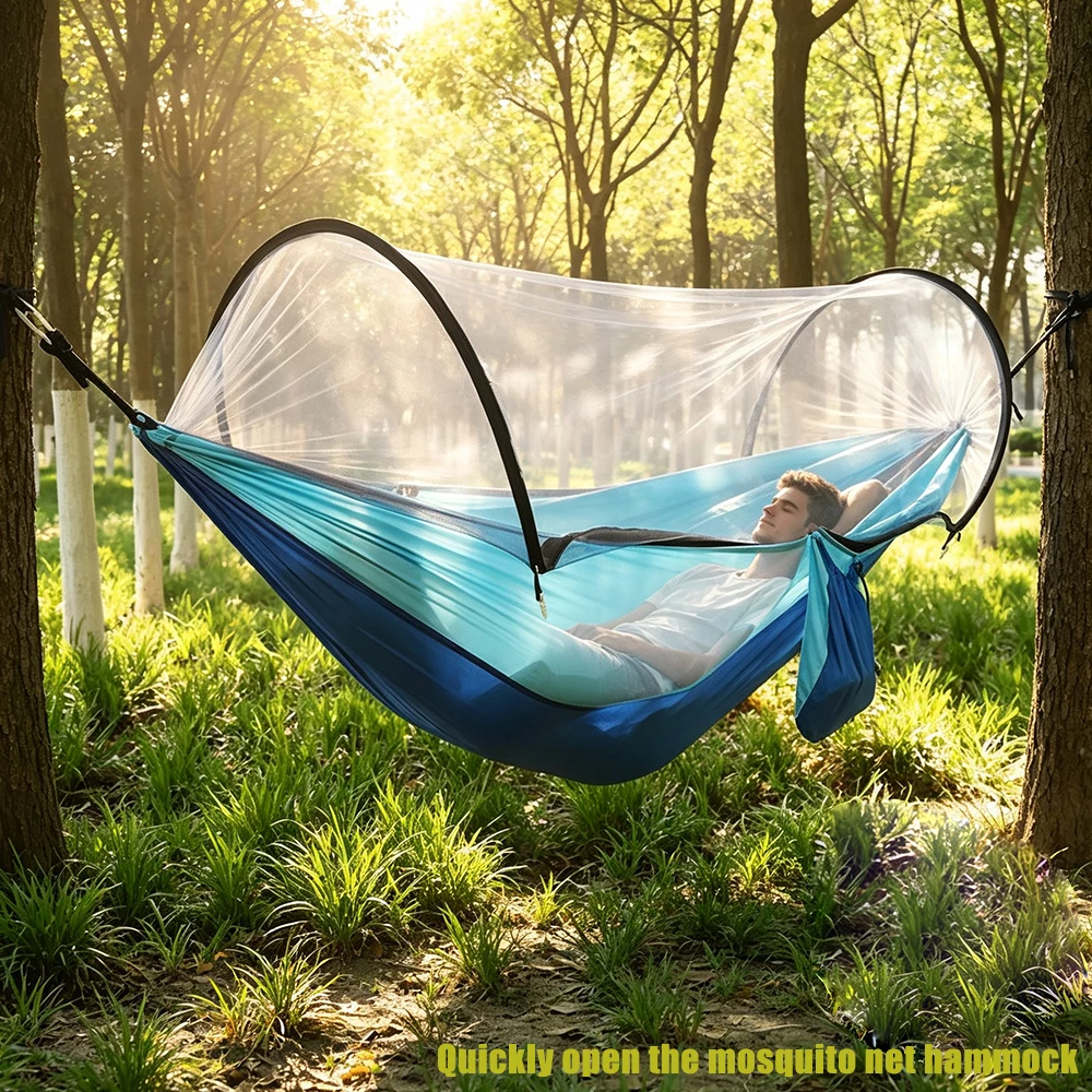 Double Camping Hammock with Mosquito Net Quick Setup Nylon Outdoor Swing Anti Tumble