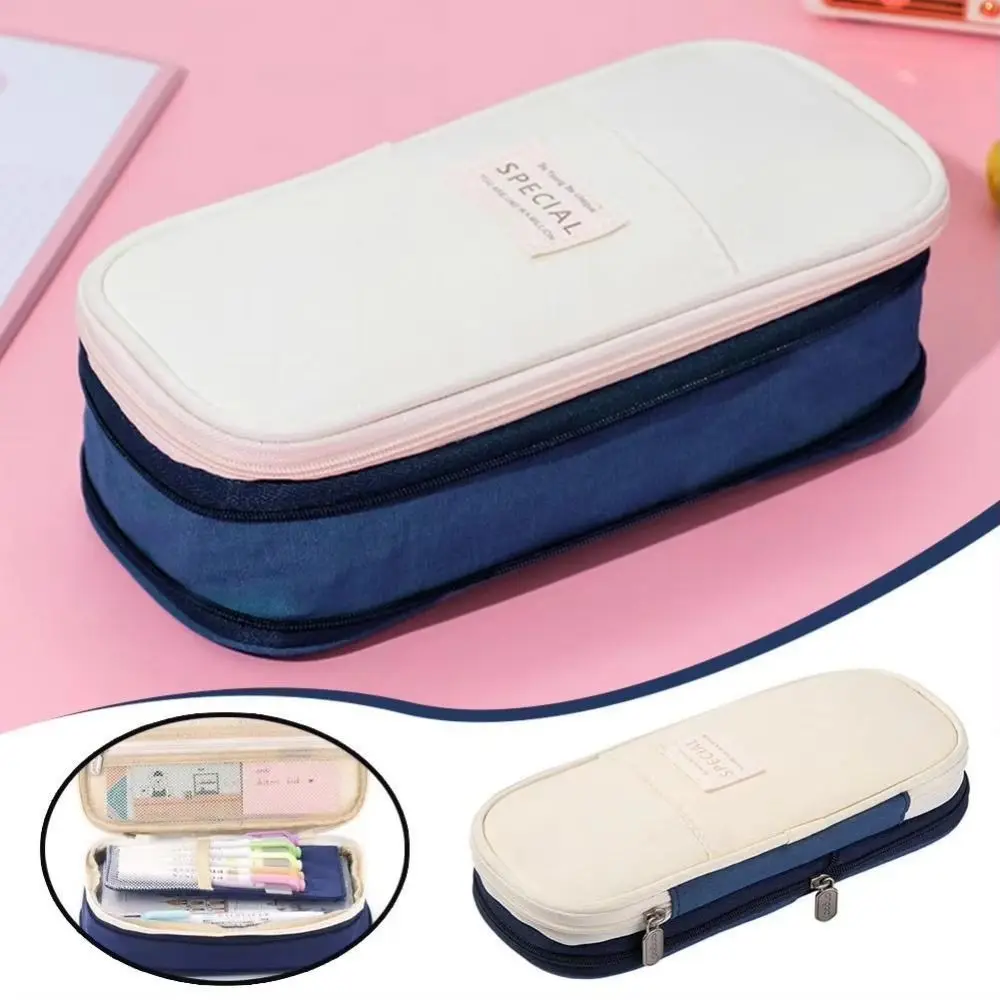 Polyester Simple Student Pen Bag Color Blocked Diagonal Storage Pencil Bag Large Capacity Multifunctional Macaron Pencil Case
