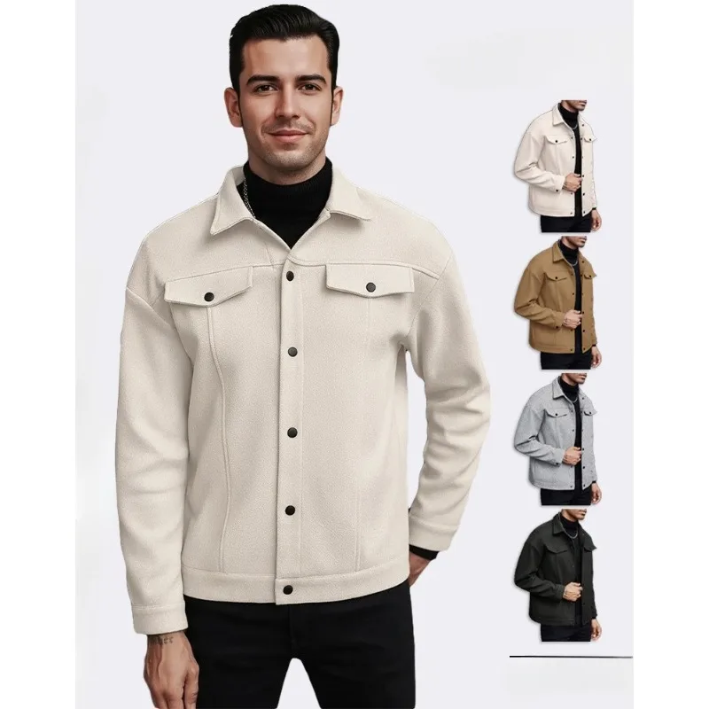 

2026 Fashion High Street Simple New Autumn and Winter Lapel Woolen Men's Jacket Solid Color Casual Tooling Sports Jacket