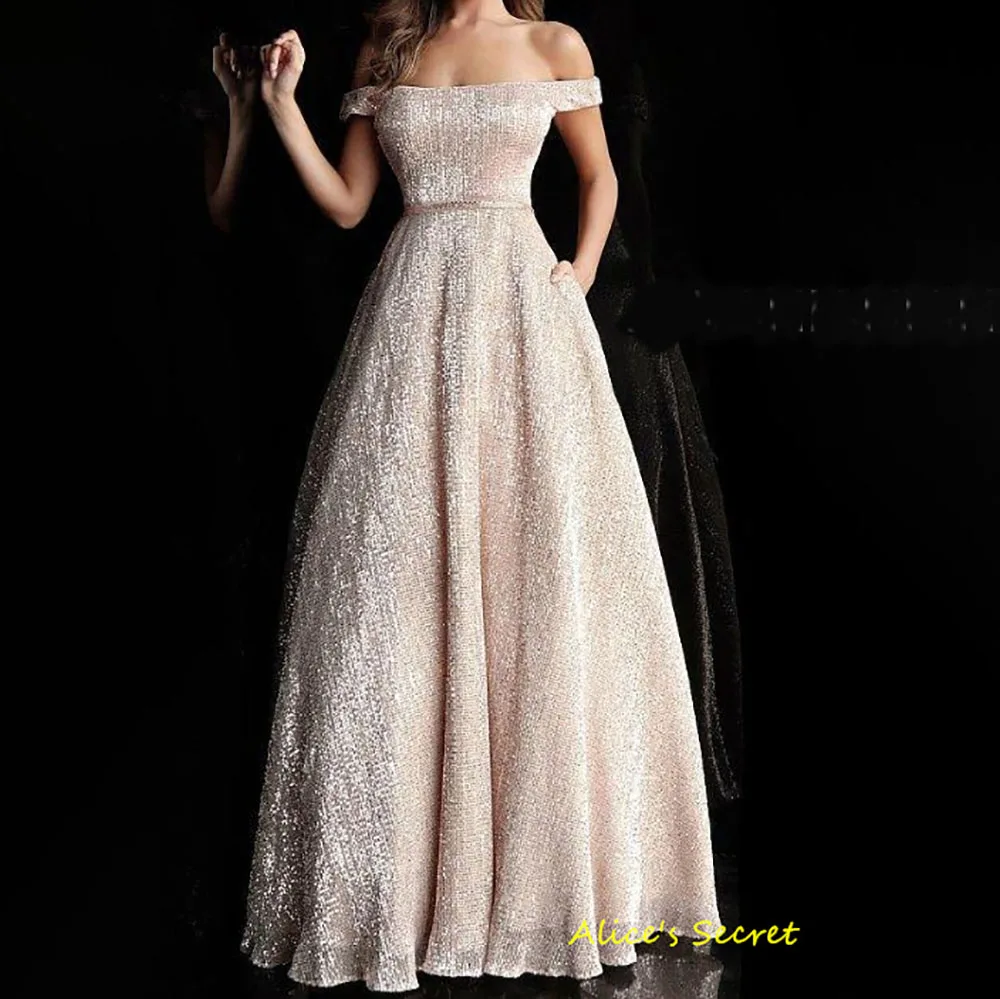 

A-Line Tulle Off Shoulder Sleeveless Sequined Beading Side Pockets Open Back Floor Length Prom Gown Dress Robe de Bal