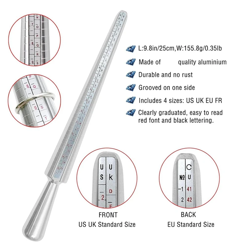 Ring Size Measuring Tool Set, Metal Mandrel Ring Sizer Finger Size Rod Wire Wrap Ring Tool Jewelry Making Kit-AT81