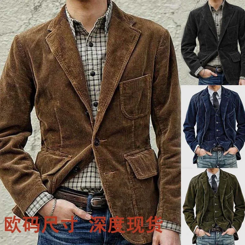 

New2023 Autumn Winter Men's Coat Jackets Corduroy Casual Suits with Shoulder Pads Fashion Lapel Long-Sleeved Solid Jacket Models