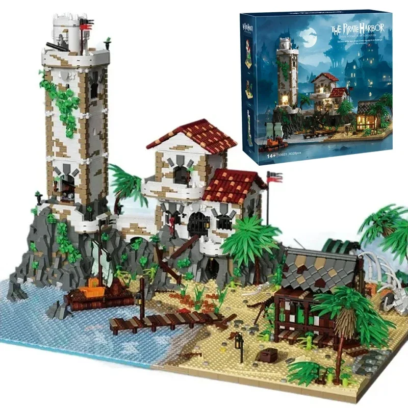 8028-teiliges Piratenbucht-Festungs-Modulbaustein-Set, mittelalterliches Inselfort mit Leuchtturm & Dock, Konstruktionsbaustein-Modellbausatz, aufwendiges DIY-Modell zum Zusammenbauen mit tropischen