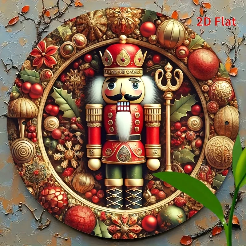 2D Flat Printing, Christmas Nutcracker, Metal Logo Round Sign, Door And Wall Decoration, High-Definition Printing, Pre-Drilled,
