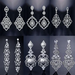 ZAKOL Brand Elegant Hollow Geometric Zirconia Drop Dangle Earring for Women Luxury Shiny CZ Wedding Pary Long Ear Accessories