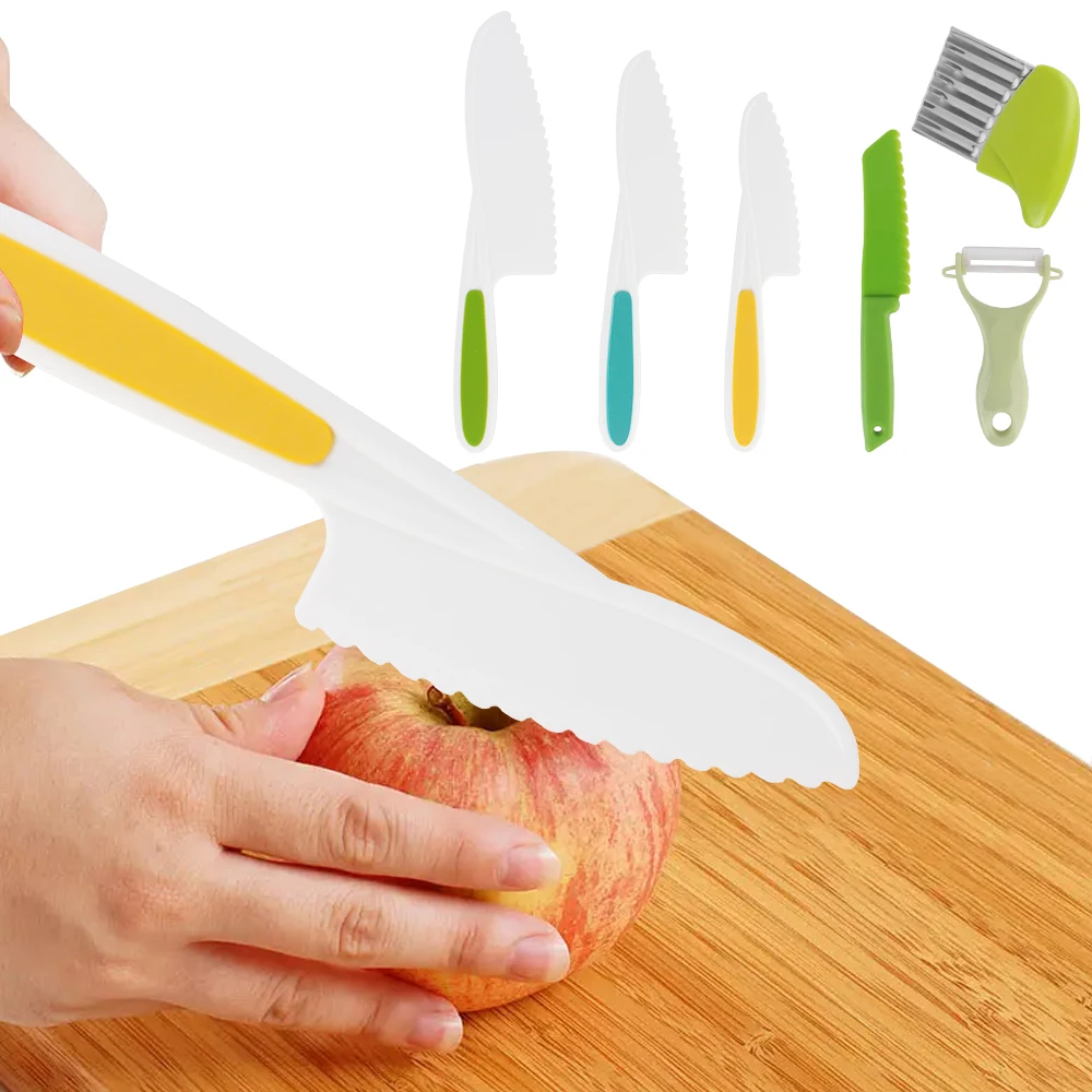 6Pcs Safe Kitchen Supplies Kids Cooking Cutter Set Kids Knife Peeler Potato Crinkle Cutter Plastic Fruit Knives to Cut Fruits