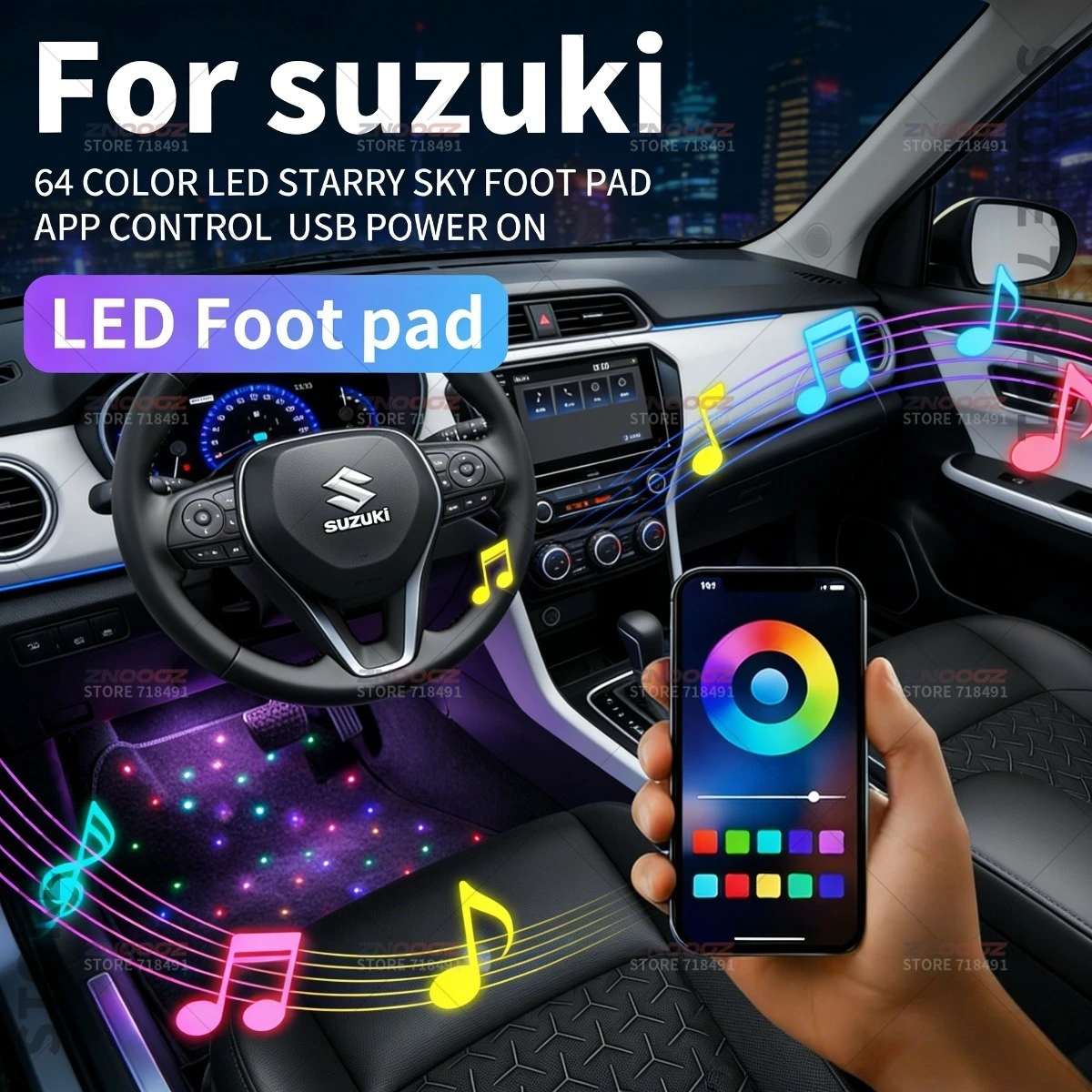 For SX4 XL7 Alto Ignis Jimny Swift Carry Every Lapin Fronx Dzire Baleno Vitara USB Car LED Starry Sky Foot Mat DIY Can Be Cut