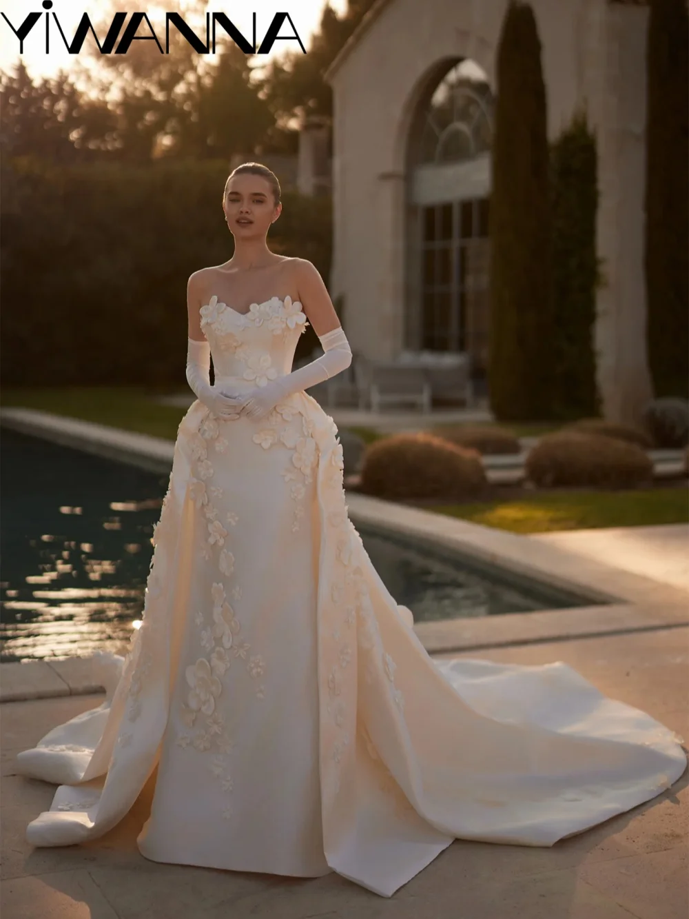 Delicate 3D Floral Satin Wedding Dress Without Gloves Detachable Train Sweetheart Neck Bridal Gown Customized Dresses For Bride