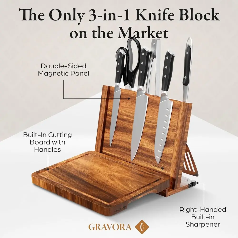 แท่นวางมีดแม่เหล็กไม้สองด้าน พร้อมเขียงไม้กระถินเทศขนาด 14x10 นิ้ว และที่ลับมีด