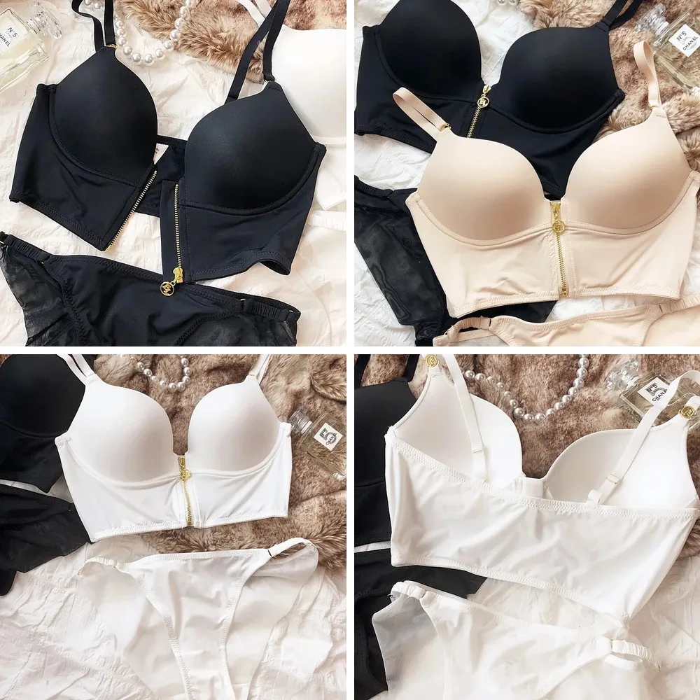 

Sexy Lace Underwear Set Women's Bra & Panty Comfortable Zipper Vest No Steel Ring Lingerie