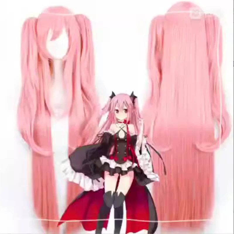 Krul Tepes Cosplay Wig Pink 100CM Long Straight Owari no Seraph Of The End Synthetic Hair Double Ponytail Anime Cosplay Wig