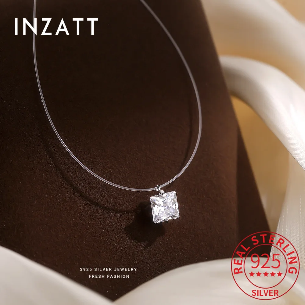 

INZATT Real 925 Sterling Silver Fishing Line Square Zircon Choker Necklace for Women Trendy Fine Jewelry Minimalist Accessories
