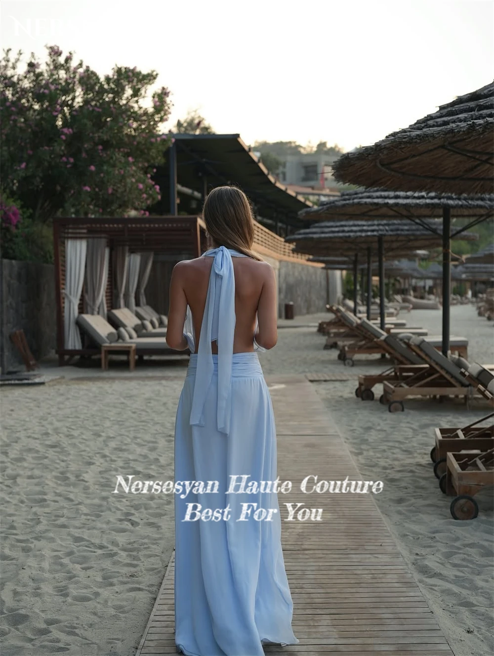 Nersesyan bleu ciel en mousseline de soie Sexy robes de bal licou côté fente volants robe de soirée formelle dos nu robes de soirée 2025 personnalisé