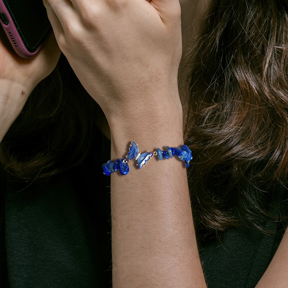 Natural Stone Crystal Butterfly Bracelet Irregular Lapis Lazuli Malachite Gravel Chip Beads Stretch Bracelets For Women Men