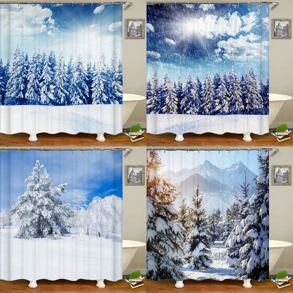 Waterproof Shower Curtain Forest Scenery Bathroom Home Decor Snow Scene Cedar Printed Polyester Fabric Curtain for Bathroom