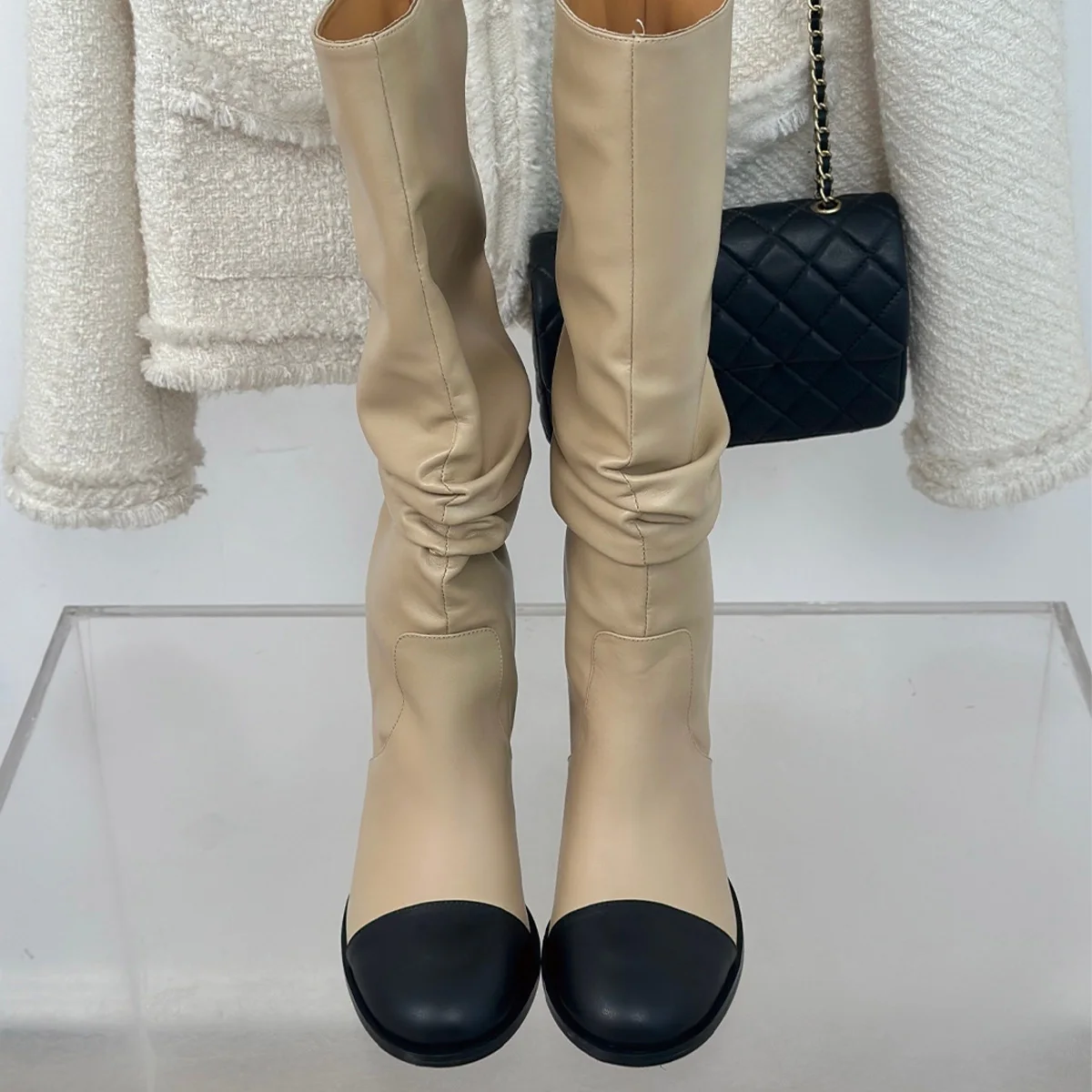 2026 High Quality winter Women Shoes Round Toe Color Block Slouchy Block Heel Knee High Boots ch24100848