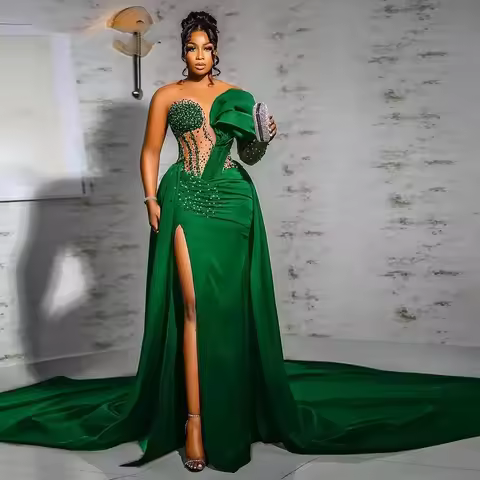 African Evening Dress Pearl Mermaid Prom Dress Pleat Sweep Train Formal Party Gown Plus Size Vestido De Fiesta