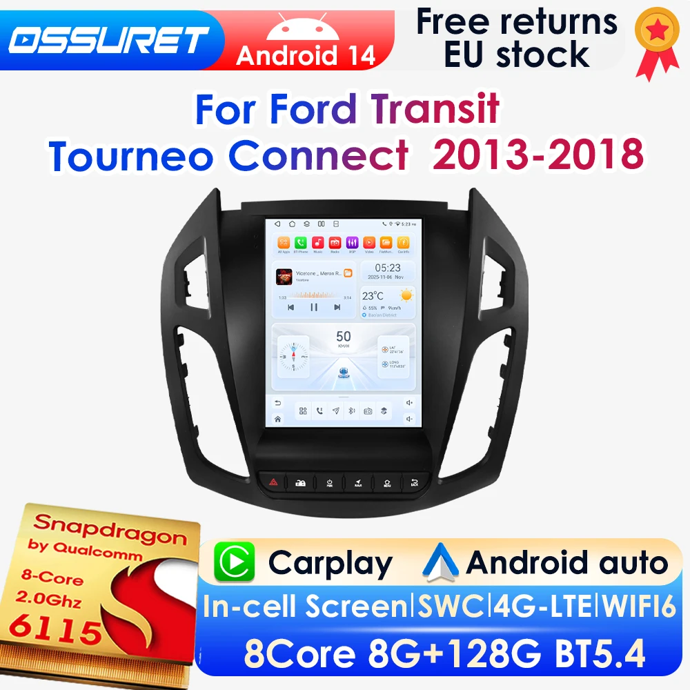 2 DIN 9,7 Zoll Vertikalbildschirm Android 14 Autoradio für FORD Transit / Tourneo Connect 2013-2018 Auto-Multimedia-GPS-Player Wireless Carplay Android Auto 4G DSP BT Mirror Link SWC 360-Grad-Kamera