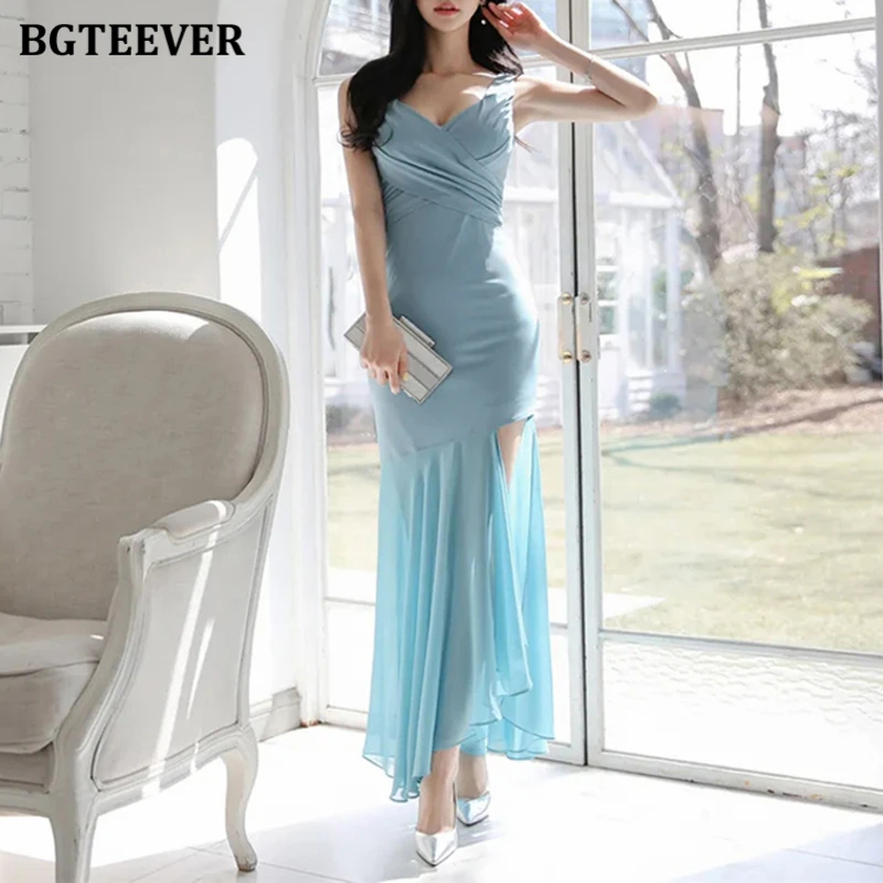 BGTEEVER Sexy V-neck Female Side Split Mermaid Bodycon Dress Summer Fashion Slim Waist Women Sleeveless Package Hip Dress