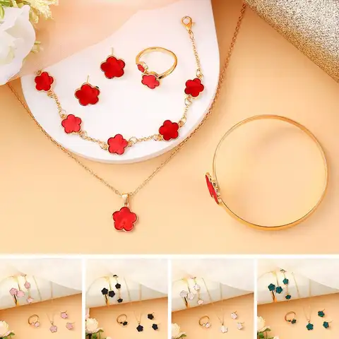 Lucky Five petal Flower Clover Earrings Necklace Ring Bracelet Four piece Set for Woman Fashionable Accessories Party Jewelry