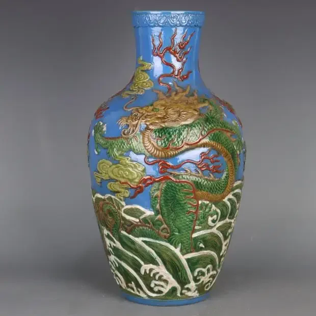 Blue Vintage Art Deco Ceramic Vase Green Dragon Qing Vase Big Porcelain Vase Large Decorative Vases Hand Carved Dragon