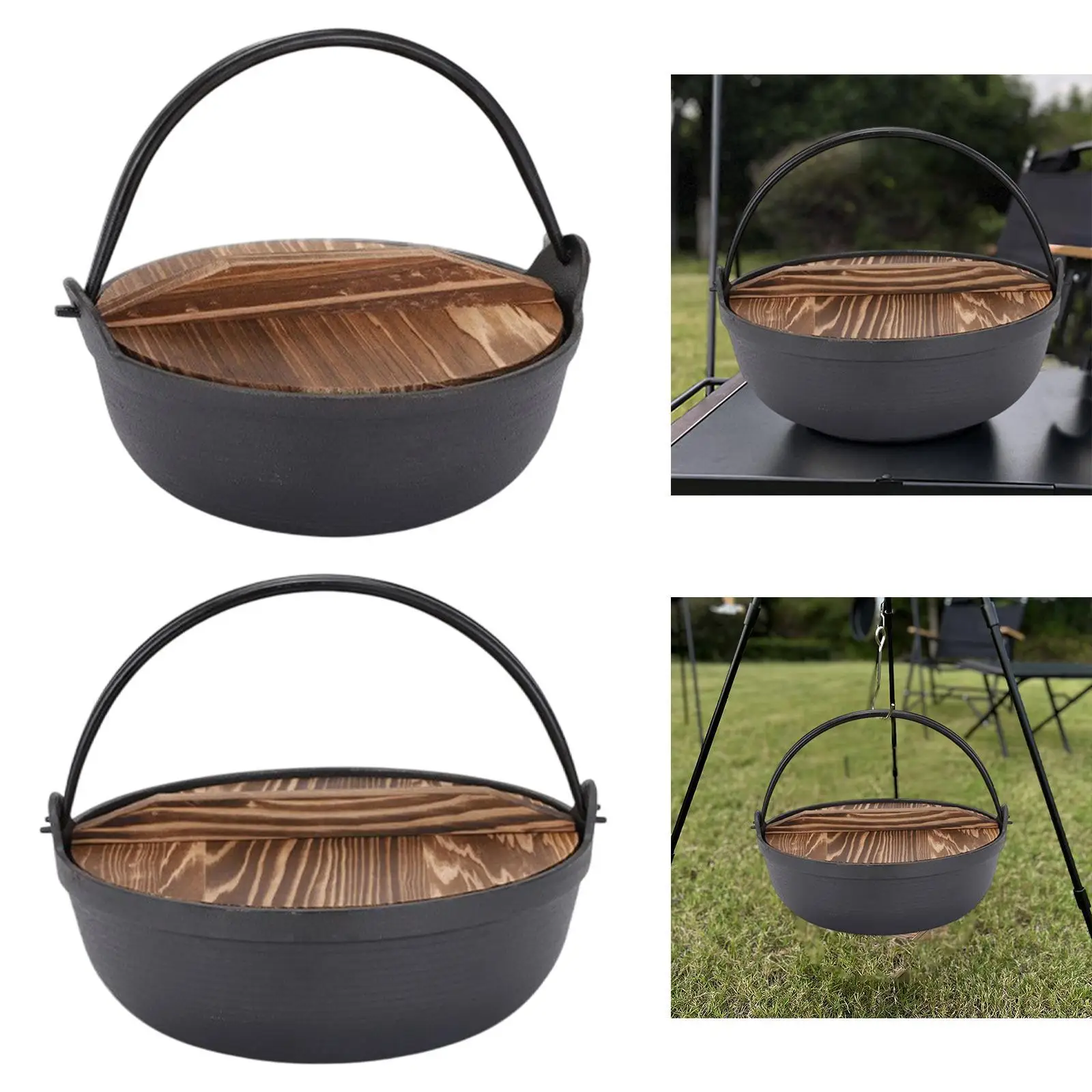 

Чугунная голландская духовка, простая в использовании, прочная, с деревянной крышкой и ручкой, многофункциональная посуда для пикника на открытом воздухе, походная кастрюля, посуда для костра