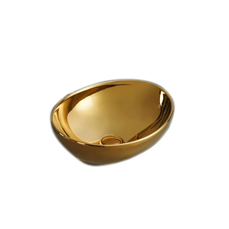 

Modern Luxury Golden Hand Washbasin Glossy Oval Countertop Bathroom Sink Hotel Villa Apartment Ceramic Art Basin