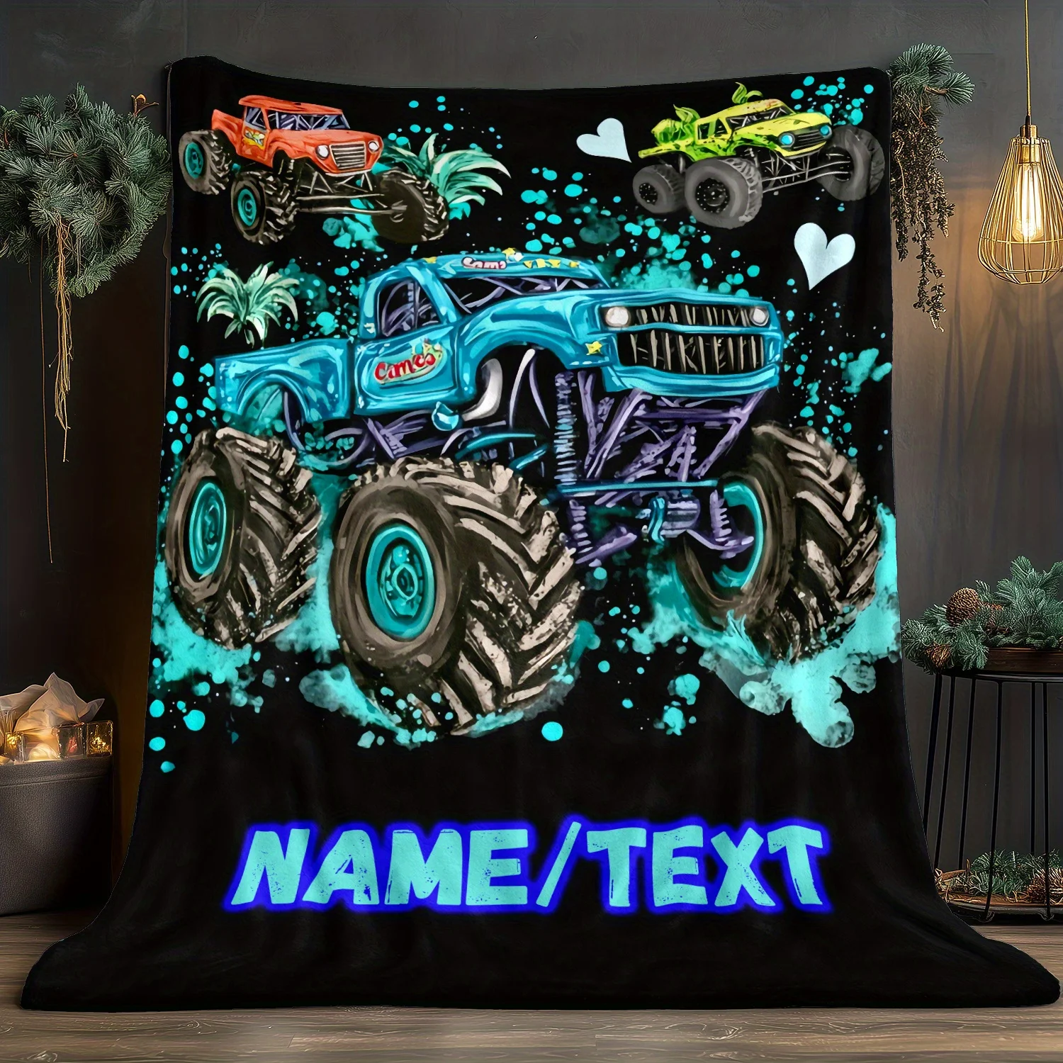 Manta Personalizada de Monster Truck con Nombre y Diseño, Azul, Naranja, Verde, Vehículos, Felpa Suave, Regalo para Niños, Decoración del Hogar