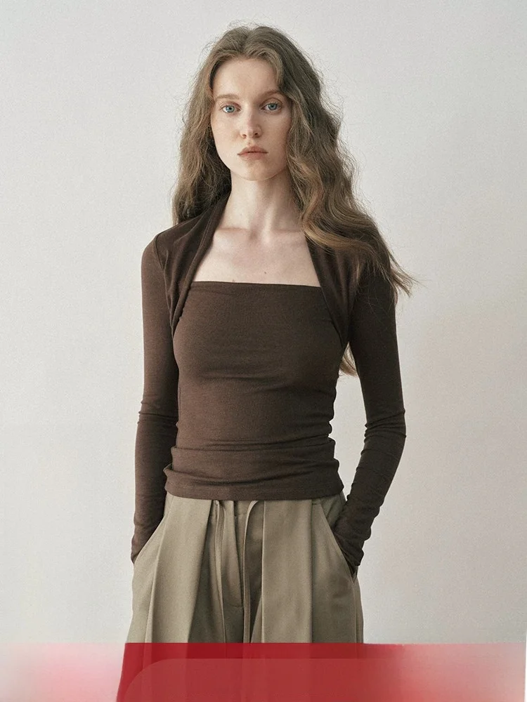 Classic Retro Square Collar Long Sleeve T-Shirt Bone out T-Shirt Slim Pure Color Inner Wear Base Shirt Top for Women