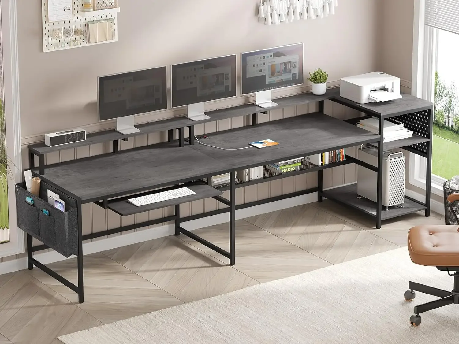 

Shaped Gaming Desk, Reversible Computer Desk, Gaming Desk with Power Outlets Strip, Monitor Shelf