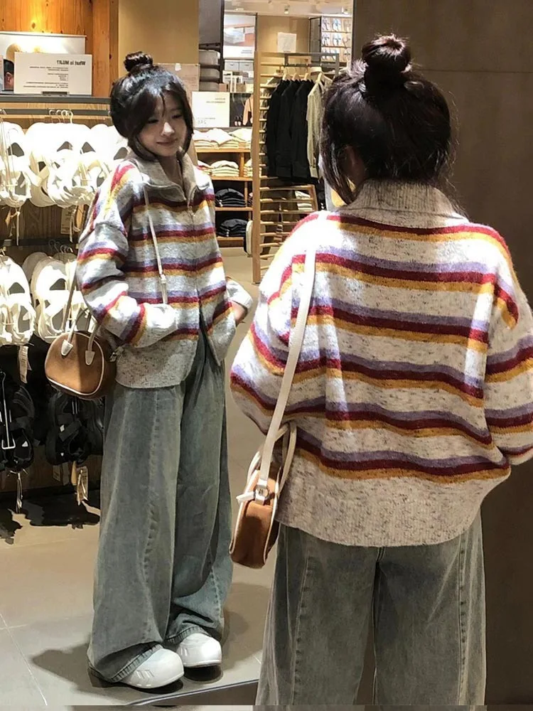 New Double Zippers Japanese Sweaters Women Autumn All Match Y2k Aesthetic Jumpers Vintage Loose Striped Contrast Color Cardigans