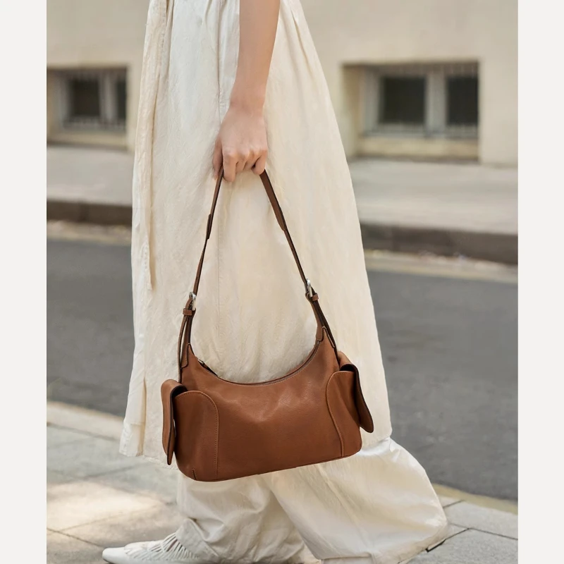 Qiuzhen Vegetable-Tanned Lambskin Crossbody Tote Bag Retro Single-Shoulder Crossbody Bag for Women Large Capacity Commuter Bag
