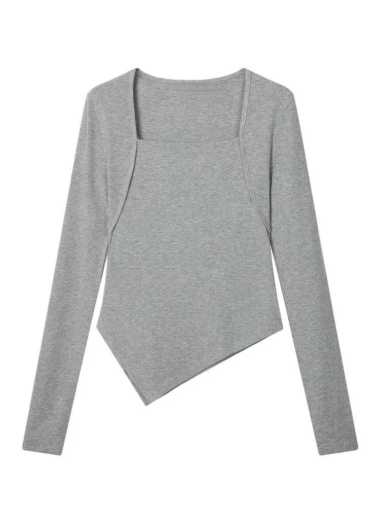 Asymmetrischer, gerippter, schmaler Strickblusen-T-Shirt mit unregelmäßigem Saum, Herbst/Winter 2026, Damen, quadratischer Ausschnitt, langärmlig, sexy Crop-Top – Detail 1