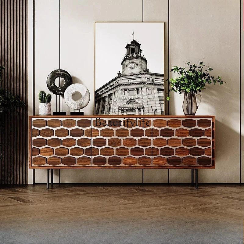 خزانة جانبية لتناول الطعام من خشب الجوز في العصور الوسطى، ونحت الخشب الصلب، وخزانة تخزين جدارية لغرفة المعيشة #1