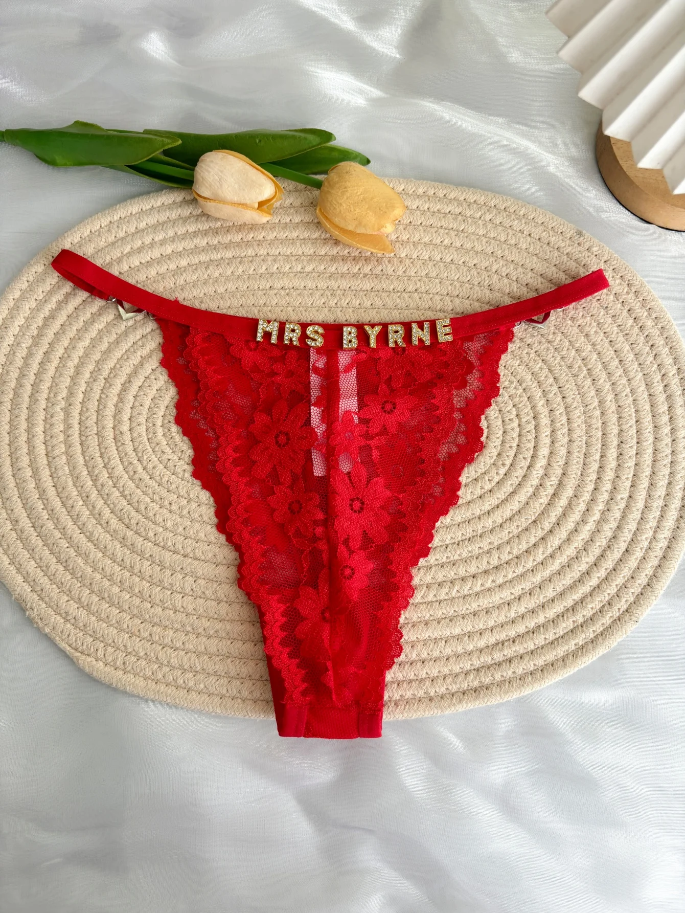 Custom Rhinestone Letter Name Text Sexy Lace Thong Panties Low Rise G-string Personalized Gift Wife Lover Anniversary Festival view 5