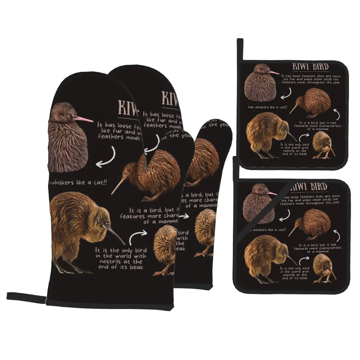 Kiwi Bird Fun Facts Oven Mitts and Pot Holder Sets of 4 for Baking Kitchen Cooking BBQ Resistant Non-Slip Gloves
