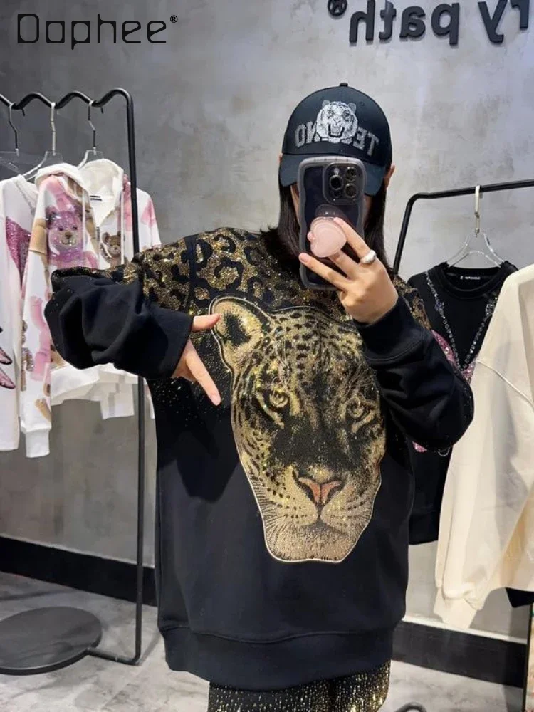 

Diamond Sweatshirts Luxury Trendy Brand Full Diamonds Leopard Head High Goods Heavy Industry Men and Women Gender Neutral Top