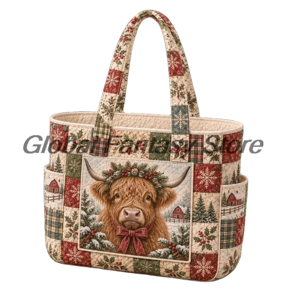 Christmas Patchwork Quilted Tote Bag Xmas Holiday Multiple Pockets Shoulder Handbag Women Daily Shopping Bags