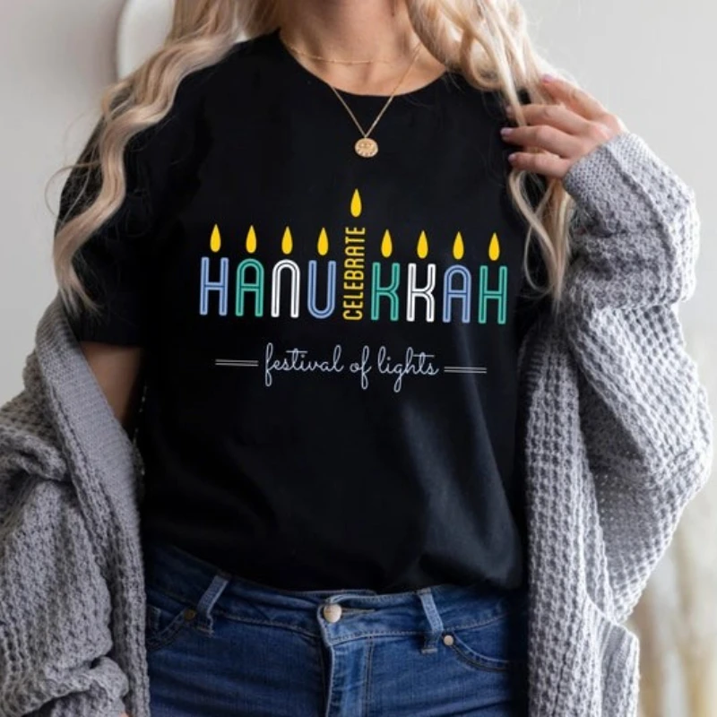 

Hanukkah Menorah Shirt Hanukkah Holiday Festival of Light See Jewish Festival Jewish Religious Ritual Short Sleeve Cotton Tops