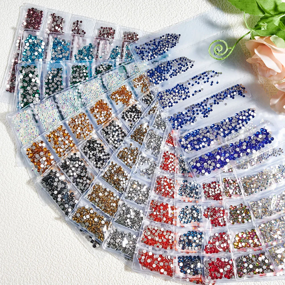 1440Pcs Mixed-size Round Nail Glitter Rhinestone SS3 SS4 SS5 SS6 SS10 Nail Crystal 3D Shiny Colorful Manicure FlatBack Diamond