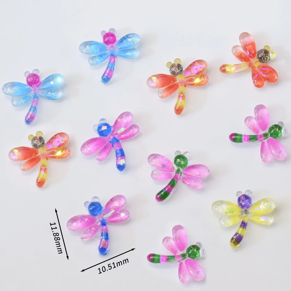 50 pçs 3d bonito colorido libélula prego encantos resina aurora mini libélula inseto strass diy dos desenhos animados decoração da arte do prego