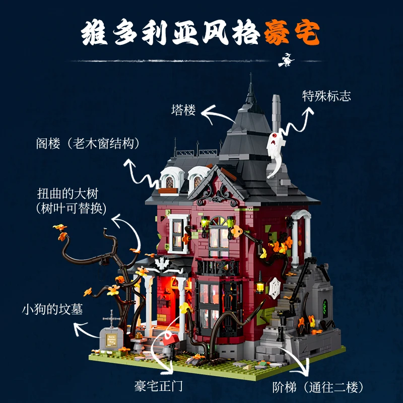 Casa Encantada de terror de medianoche, serie de bloques de construcción, juguete de construcción de Halloween, modelo de escena callejera, adornos, regalo de Halloween
