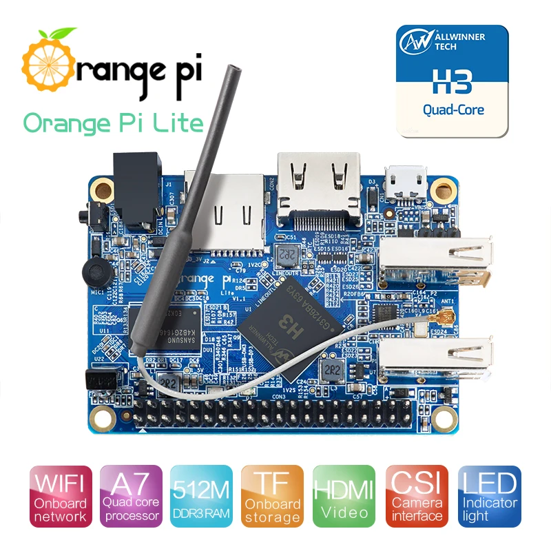 Orange Pi Lite 512MB DDR3 with Quad Core 1.2GHz WiFi antenna Support Android, Ubuntu Image